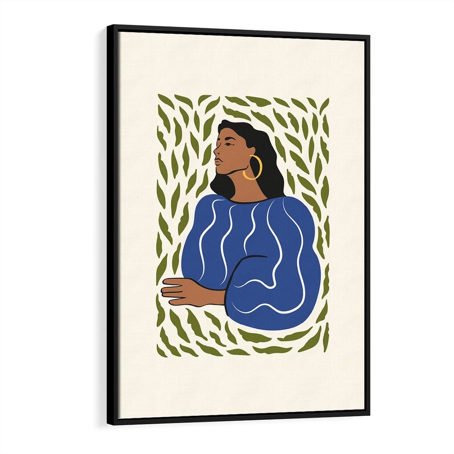 Obraz w ramie 70x100 - Rozbite Barwy - nowoczesny plakat, kobieta otoczona liśćmi - rama czarna