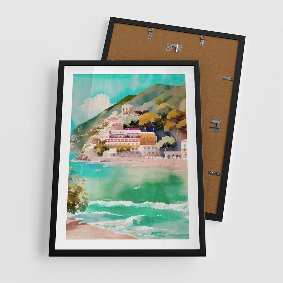 Plakat w ramie 50x70 - Na Zboczu - akwarela, nadmorski pejzaż - rama czarna