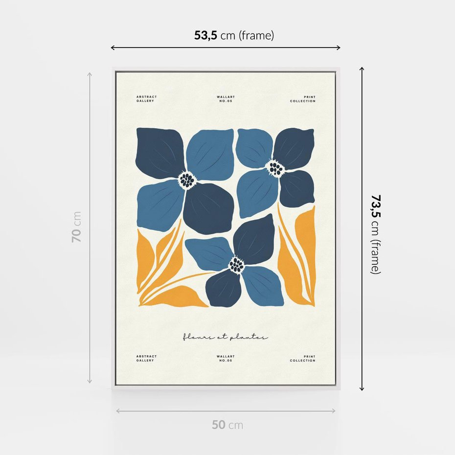 Obraz w ramie 50x70 - Błękitne Nowości - niebieskie kwiaty, nowoczesna sztuka - rama biała