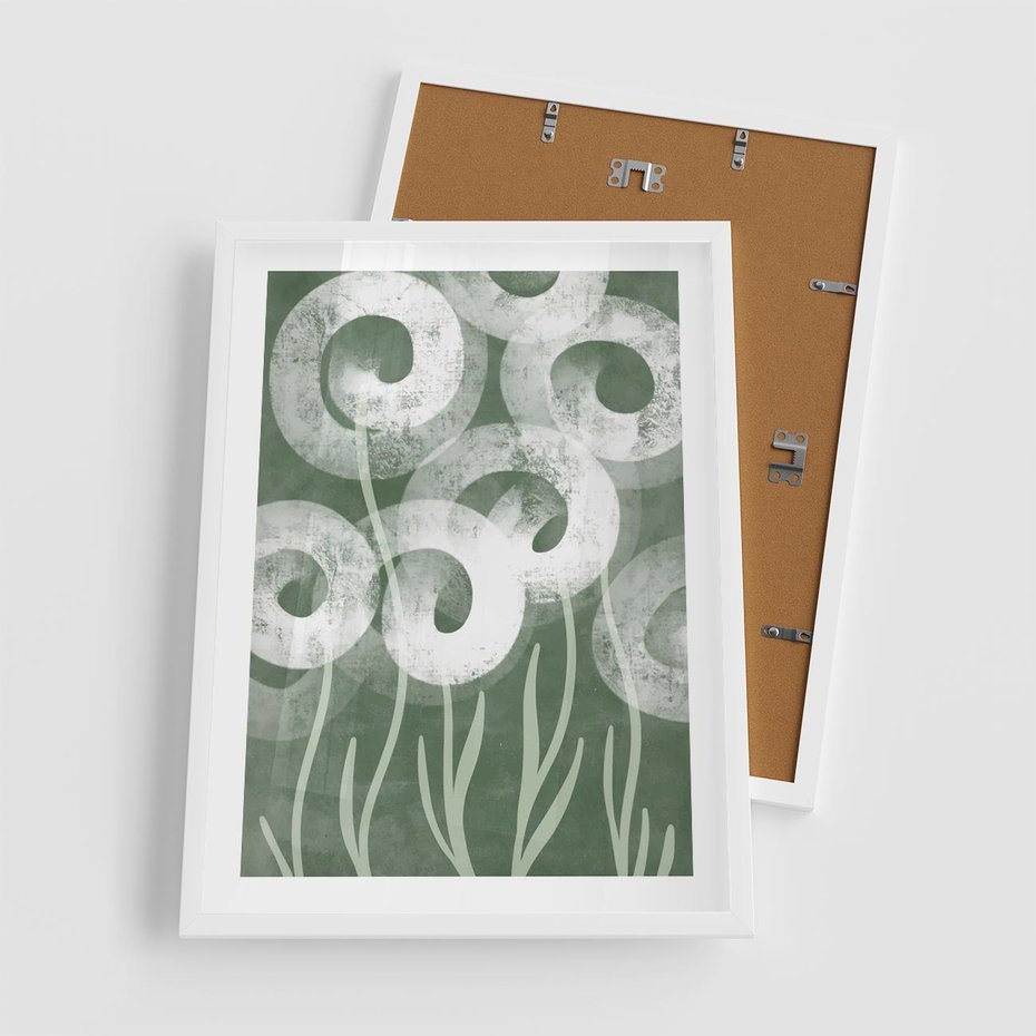 Plakat w ramie 50x70 - Spokojne Plamy Natury - zielony plakat, roślinne motywy - rama biała