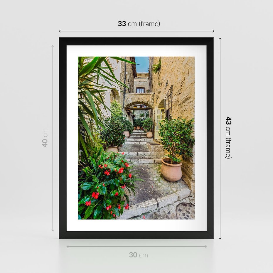 Plakat w ramie 30x40 - Perspektywa uliczki malownicza - uliczka, perspektywa - rama czarna