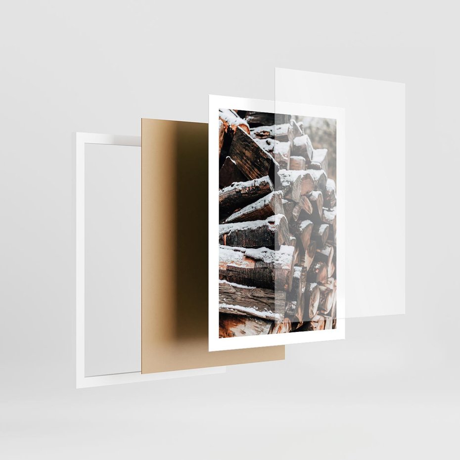 Plakat w ramie 50x70 - Zimowa Drewniana Idylla - drewno, kłody - rama biała