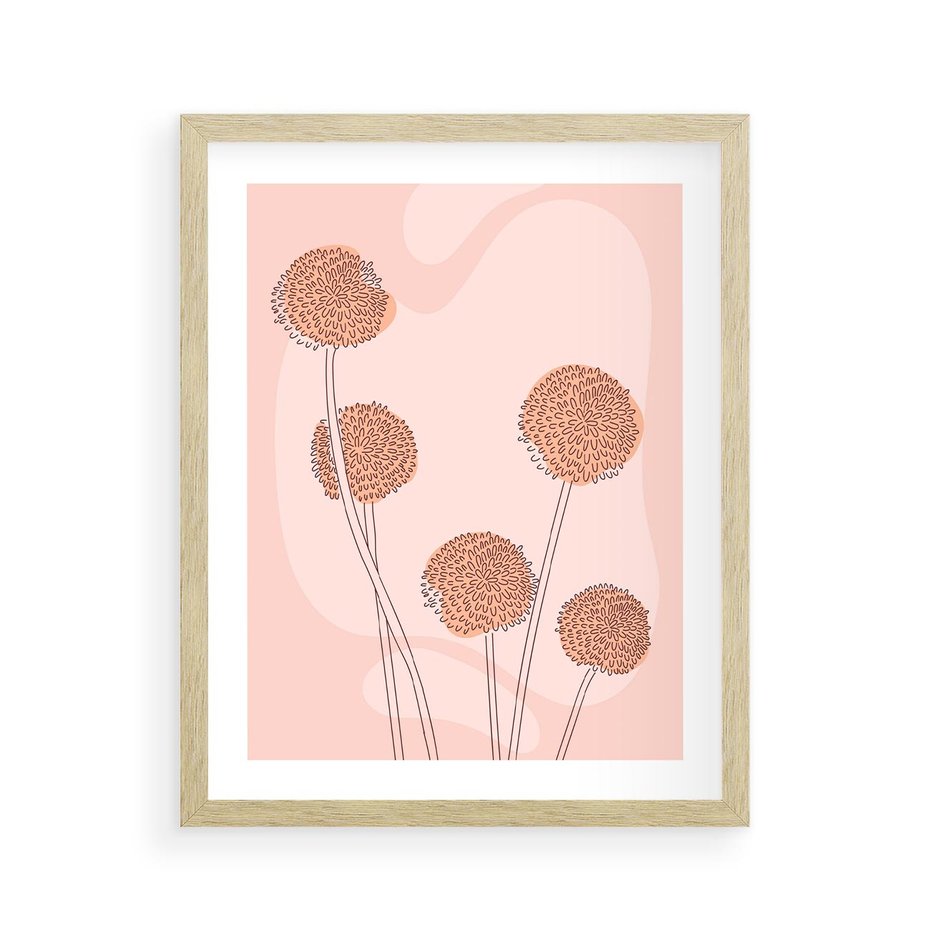 Plakat w ramie 40x50 - Rozkwitające Emocje - minimalistyczny plakat, pudrowe kwiaty - rama drewno