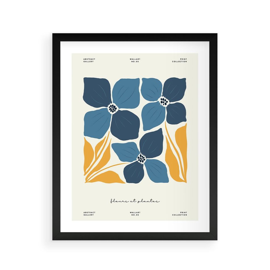Plakat w ramie 40x50 - Błękitne Nowości - niebieskie kwiaty, nowoczesna sztuka - rama czarna
