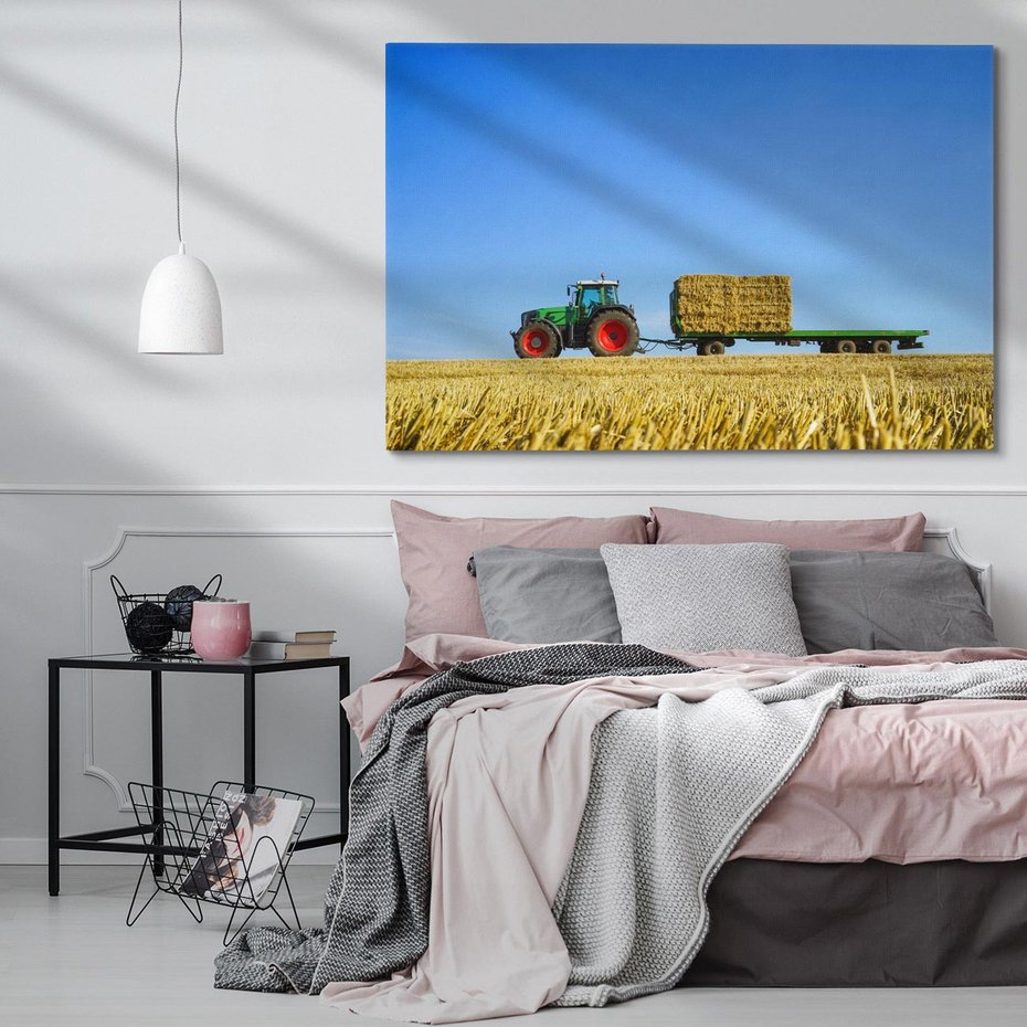 Obraz na płótnie 70x50 - Ruralne żniwa - traktor, przyczepa