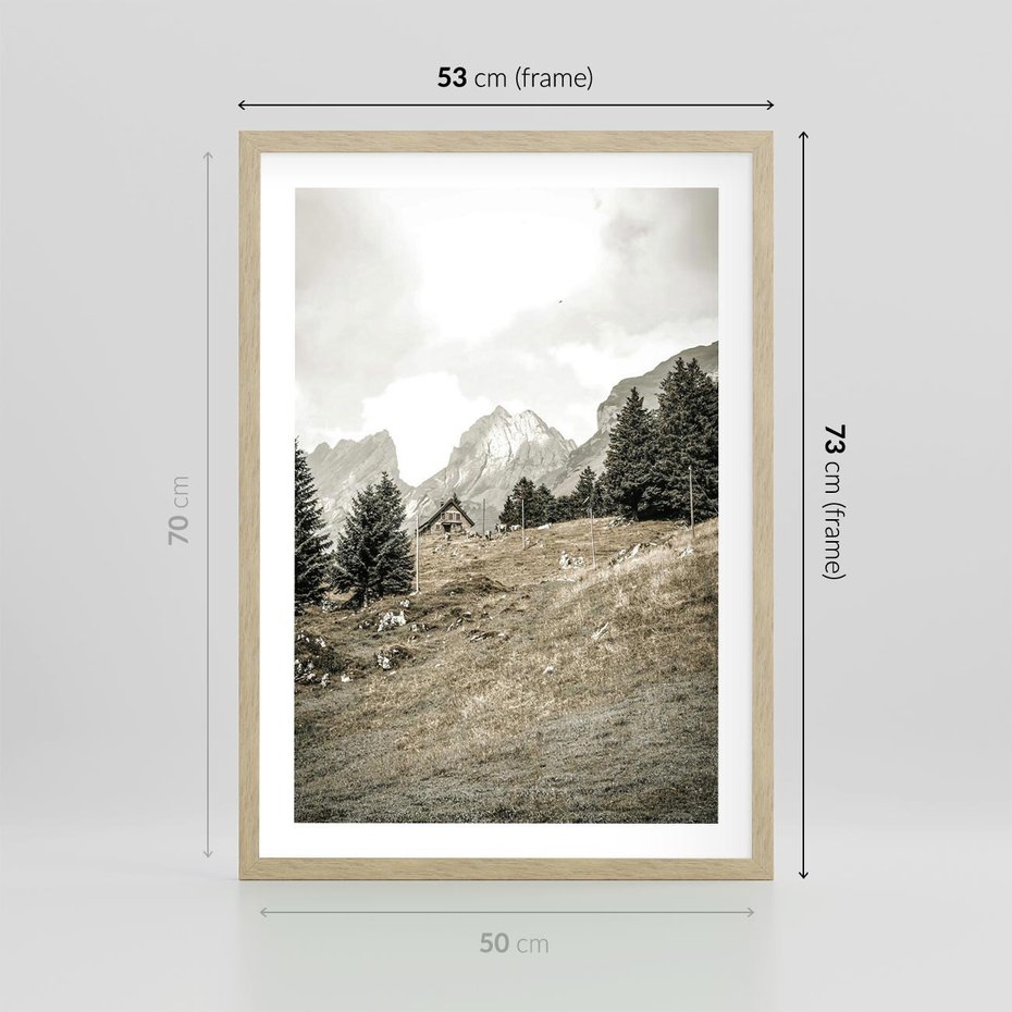 Plakat w ramie 50x70 - Krajobraz Sepii: Domek w Górach - domek w górach, góry - rama drewno