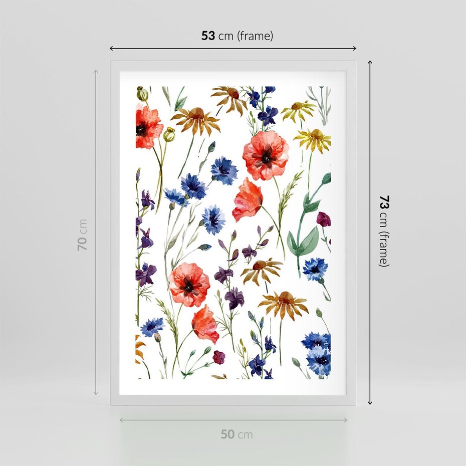 Plakat w ramie 50x70 - Kwiatowe radości na łące - kwiaty, łączka - rama biała