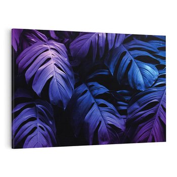 Obraz na płótnie 100x70 - Mroczna Magia Dżungli - mroczna grafika, fioletowe liście monstery na czarnym tle