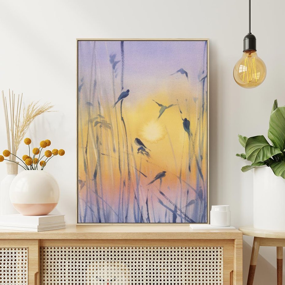 Obraz w ramie 80x120 - Mistyka Poranka nad Szuwaram - wschód słońca w szuwarach, trawy - rama drewno