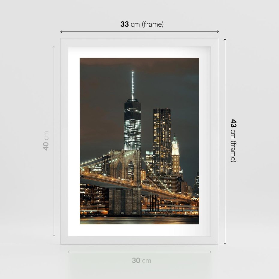 Plakat w ramie 30x40 - Miasto rozświetlone nocnym blaskiem - miasto, nocą - rama biała