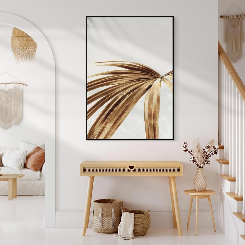 Obraz w ramie 70x100 - Egzotyczny Blask - złote, liście - rama czarna