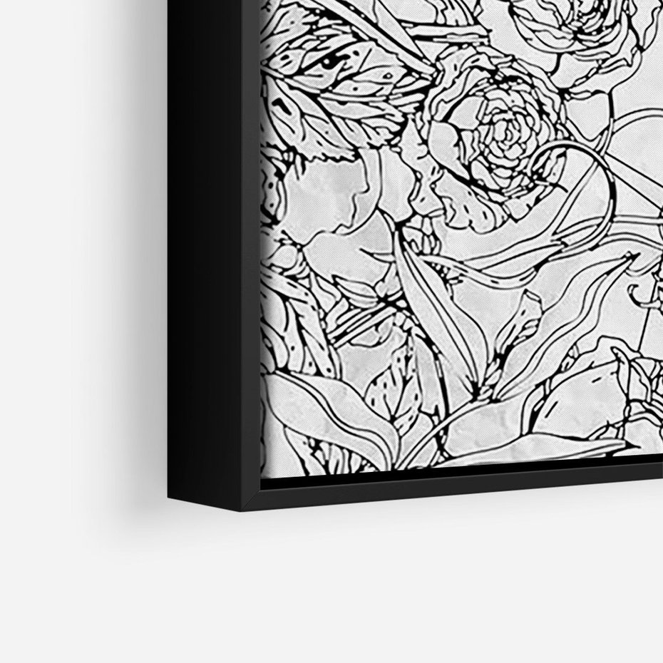 Obraz w ramie 70x100 - Refleksje w martwym punkcie - graficzny szkic, kompozycja kwiatów - rama czarna