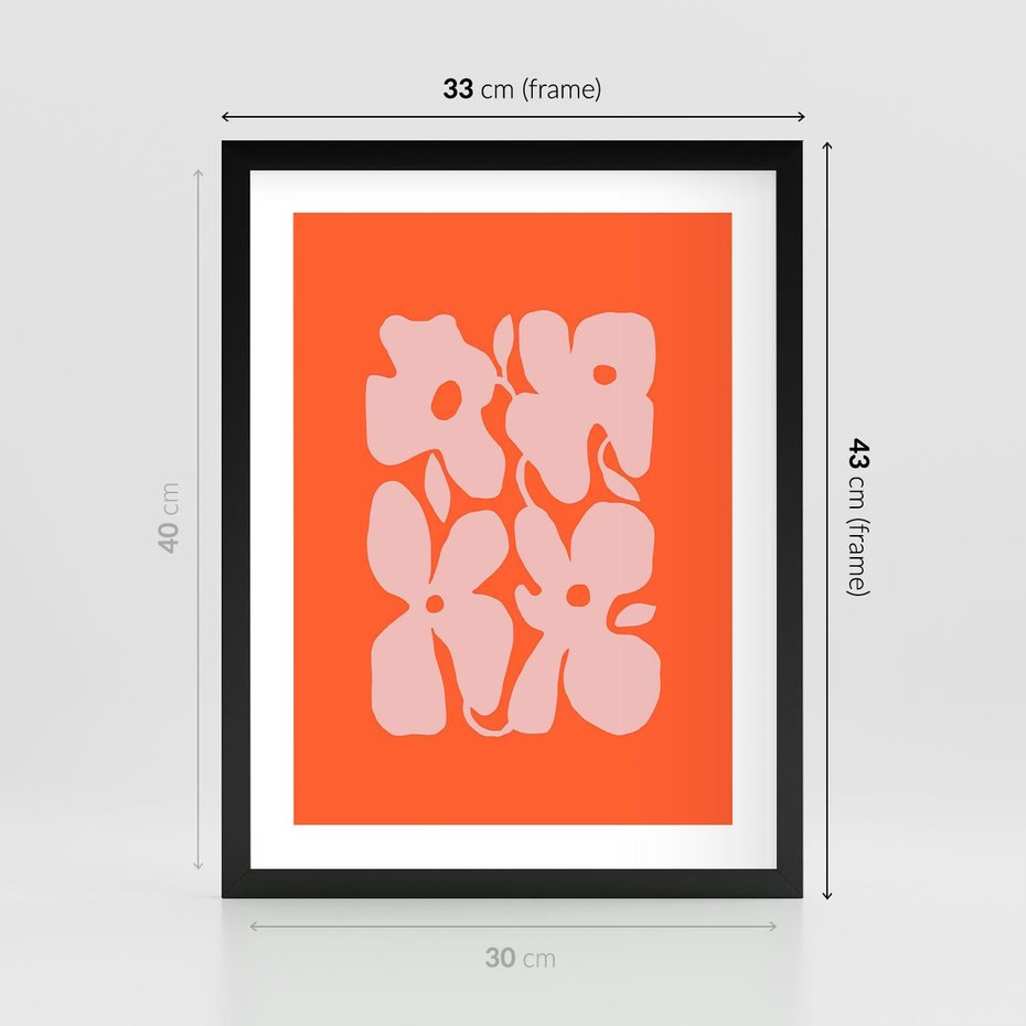 Plakat w ramie 30x40 - Taniec Abstrakcji - kwiaty, energetyczne pomarańczowe tłó - rama czarna