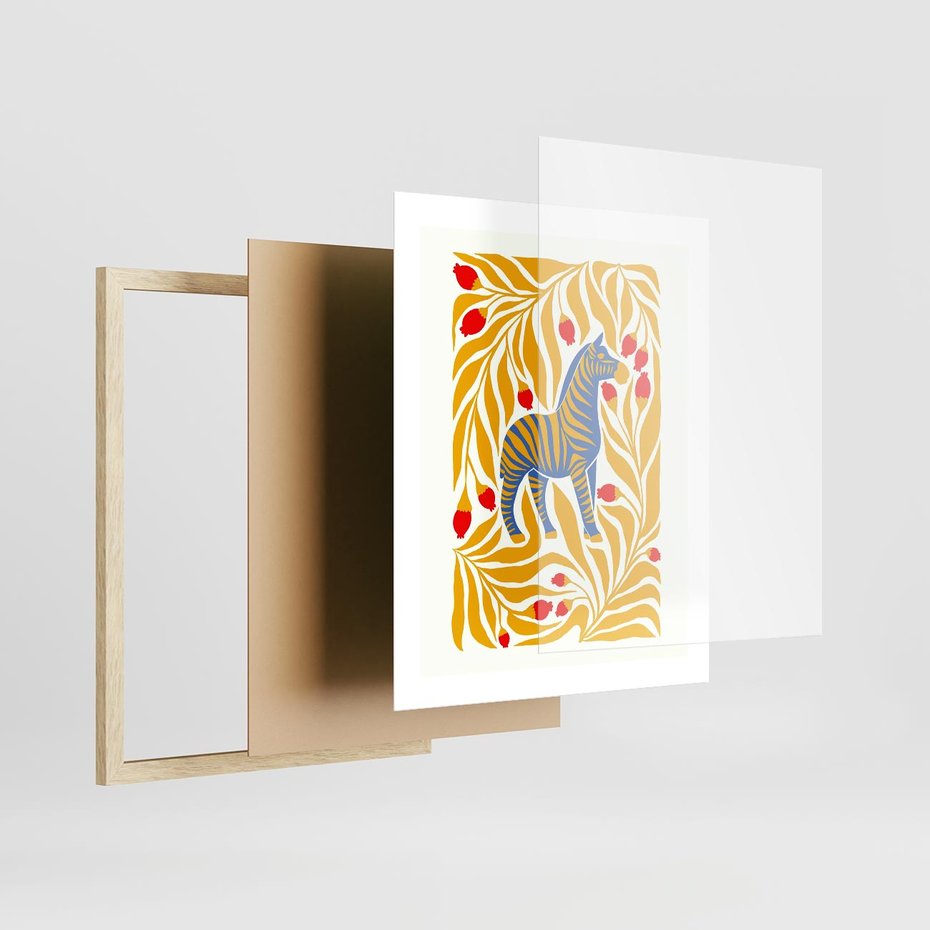 Plakat w ramie 40x50 - Zebra w Nowoczesności - abstrakcyjna nowoczesna grafika, pośrodku zebra - rama drewno