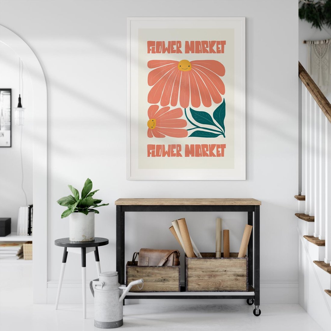 Plakat bez ramy 50x70 - Retro Radość - typografia, wesołe kwiaty