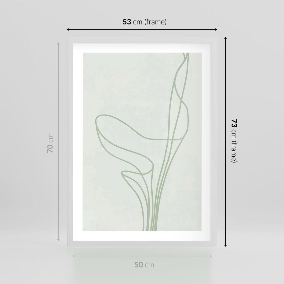 Plakat w ramie 50x70 - Zielona Równowaga Linii - abstrakcyjne delikatne zielone linie, nowoczesny plakat - rama biała