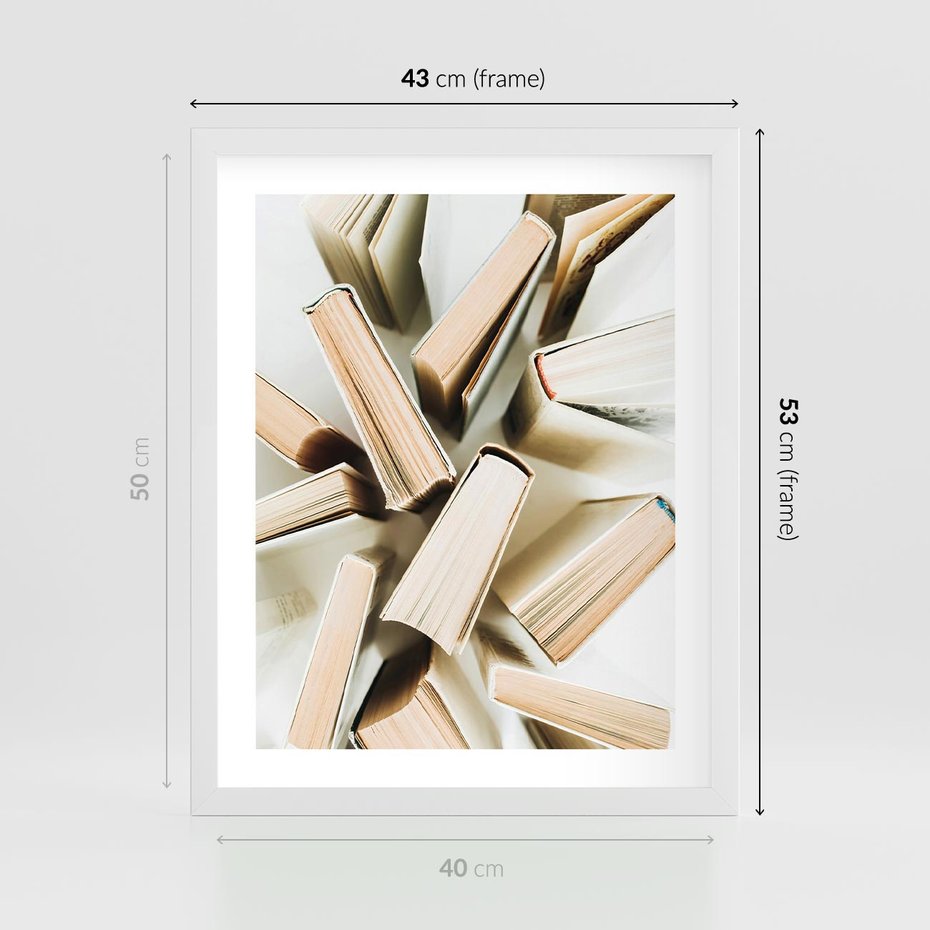 Plakat w ramie 40x50 - Odcienie Wiedzy - książki, ujęcie z góry - rama biała