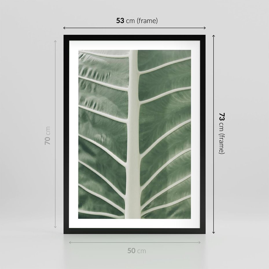 Plakat w ramie 50x70 - Zielone Wielkości: Zbliżenie Liścia - zbliżenie duz liść, jasna zieleń - rama czarna