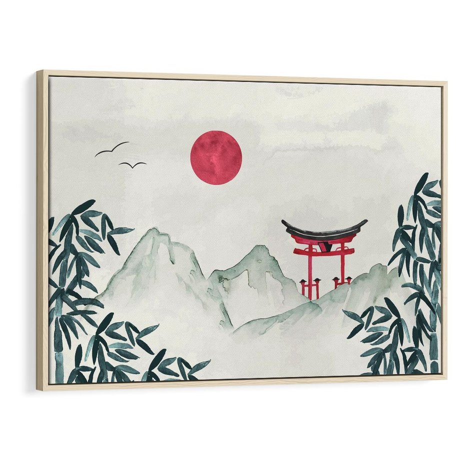 Obraz w ramie 100x70 - Słońce nad Górami - japoński krajobraz, góry - rama drewno