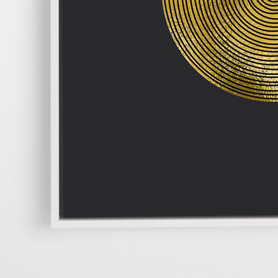 Obraz w ramie 70x100 - Migotliwe Przeniknięcia - złote koła, czarne tło - rama biała