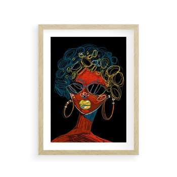 Plakat w ramie 40x50 - Kolorowe Wibracje Rzeczywistości - abstrakcyjny portret kobiety, twarz - rama drewno