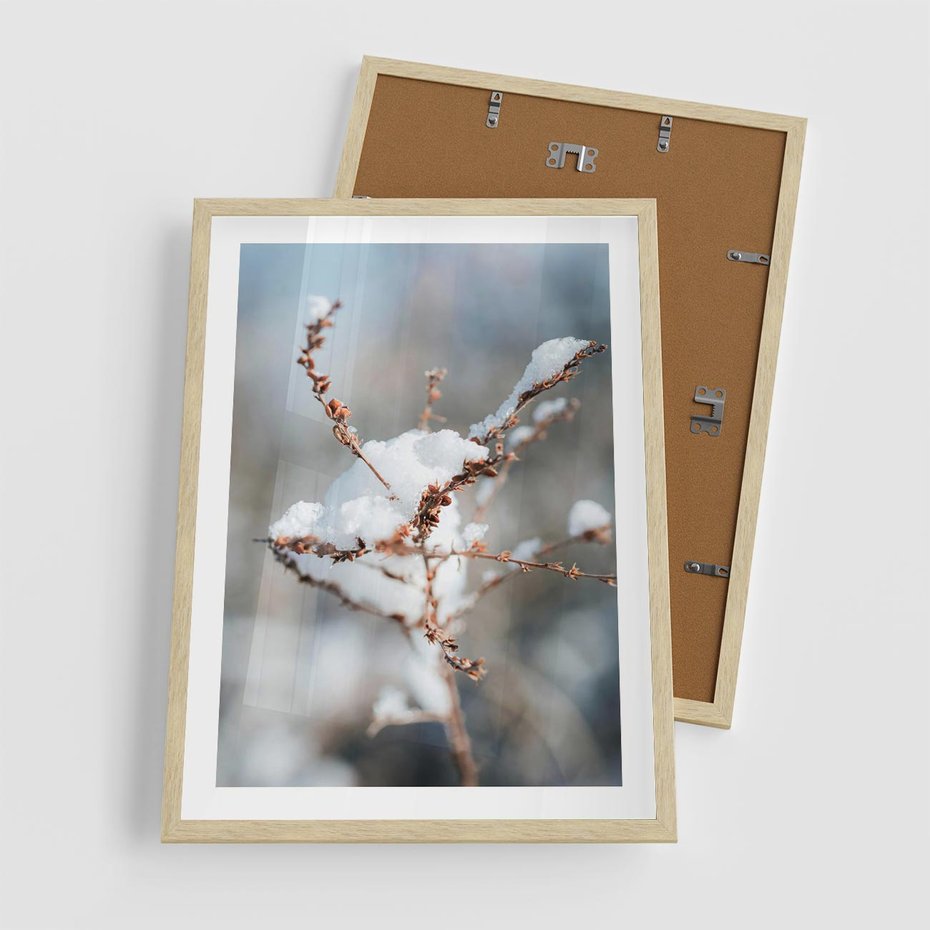 Plakat w ramie 50x70 - Zimowy Urok Natury - gałązki pod śniegiem, natura - rama drewno