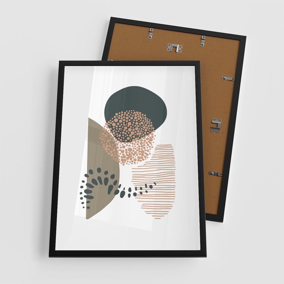 Plakat w ramie 50x70 - Harmonia Akwarelowych Przestrzeni - abstrakcyjna kompozycja z kropek kresek i kółek, odcienie brązu i beżu - rama czarna