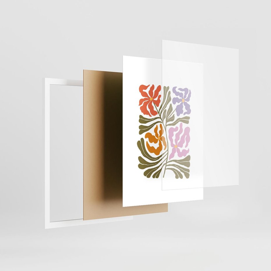 Plakat w ramie 30x40 - Rozplątane Wizje - abstrakcyjne kolorowe kwiaty, minimlizm - rama biała