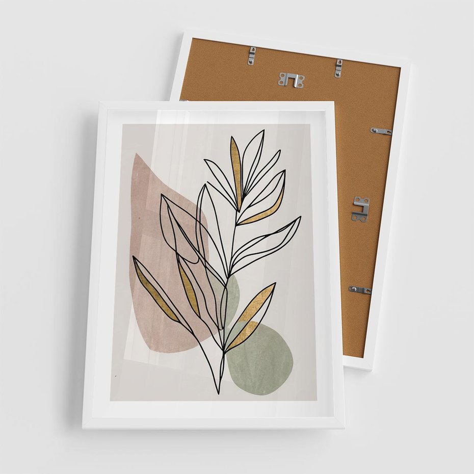Plakat w ramie 50x70 - Impulsy Subtelnej Harmonii - abstrakcyjny obraz boho, liście - rama biała