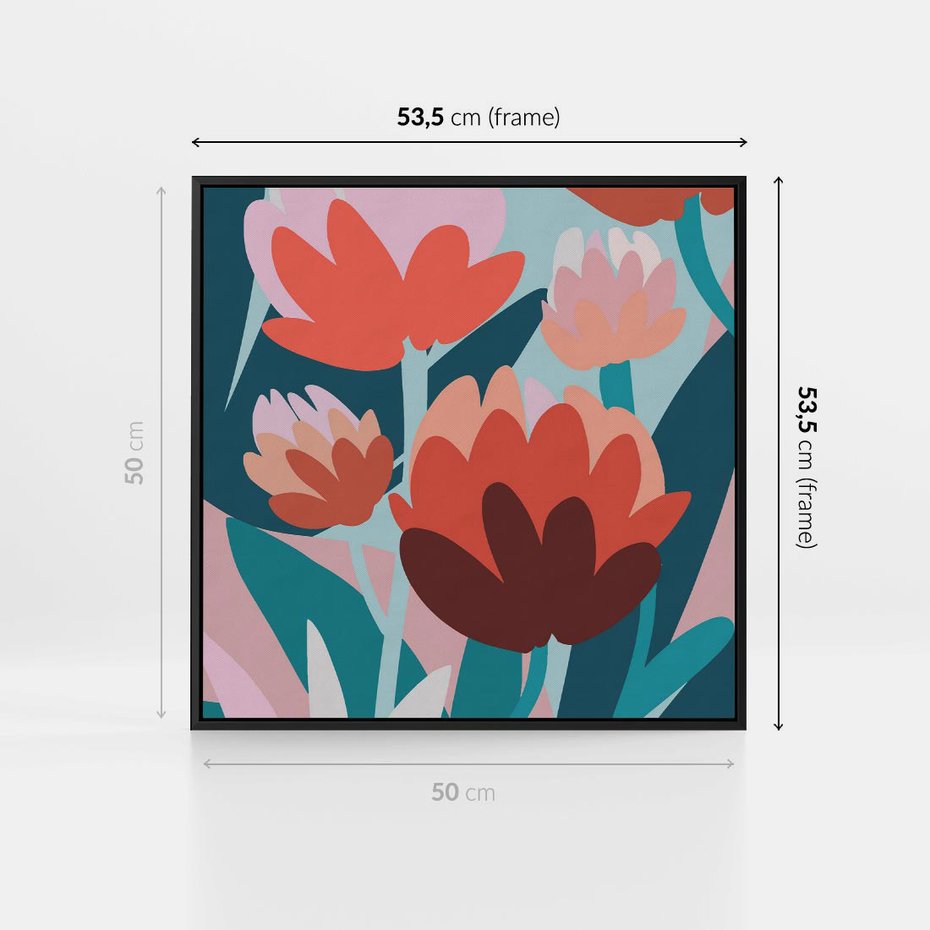 Obraz w ramie 50x50 - Symfonia Kwiatów - abstrakcyjna kompozycja kwiatowych form, kolor zgaszone - rama czarna