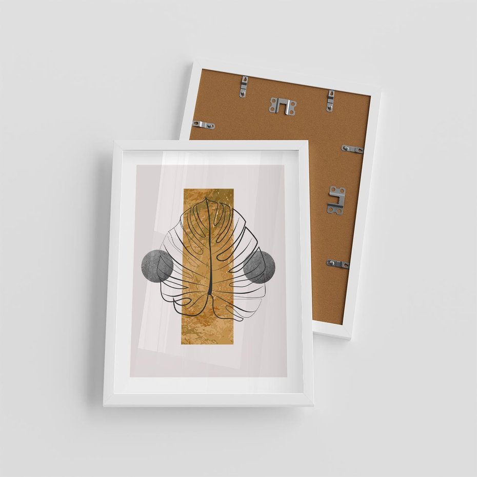 Plakat w ramie 30x40 - Minimalistyczna Monstera: Złoty Prostokąt - liść monstery, minimalizm - rama biała