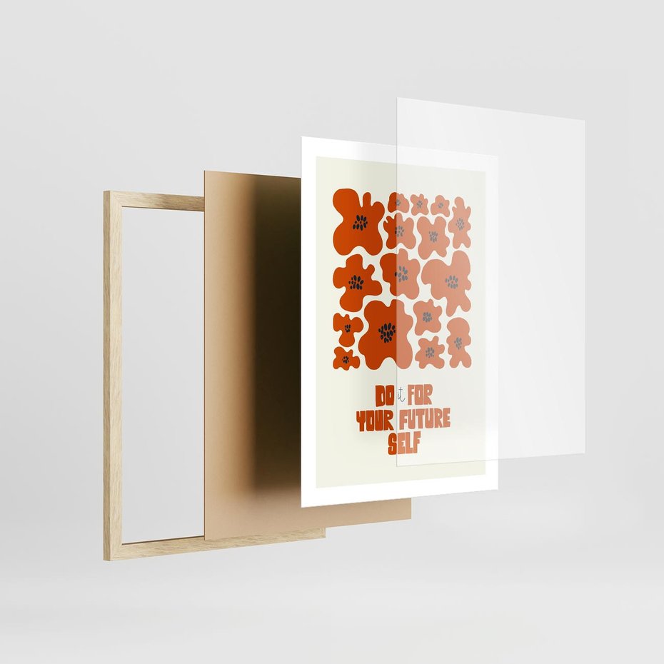 Plakat w ramie 50x70 - Taniec Kolorowych Promieni - self care, kompozycja kwiaty - rama drewno