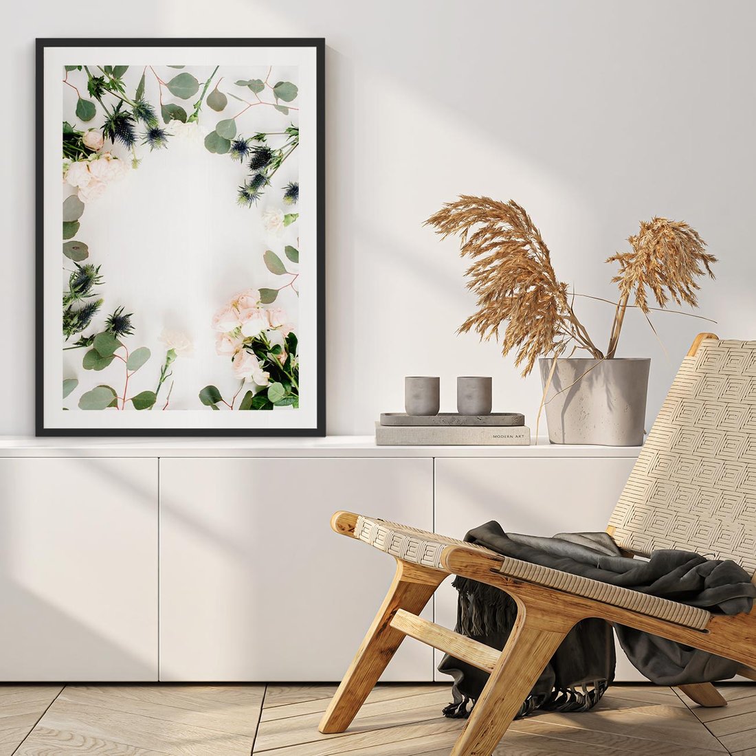 Plakat w ramie 50x70 - Róże i Zielone Liście - kompozycja kwiatowa, róże - rama czarna