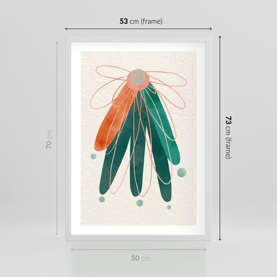 Plakat w ramie 50x70 - Energetyczna Harmonia Kwiatów - akwarelowe abstrakcyjne kształty, zieleń i pomarańcz - rama biała