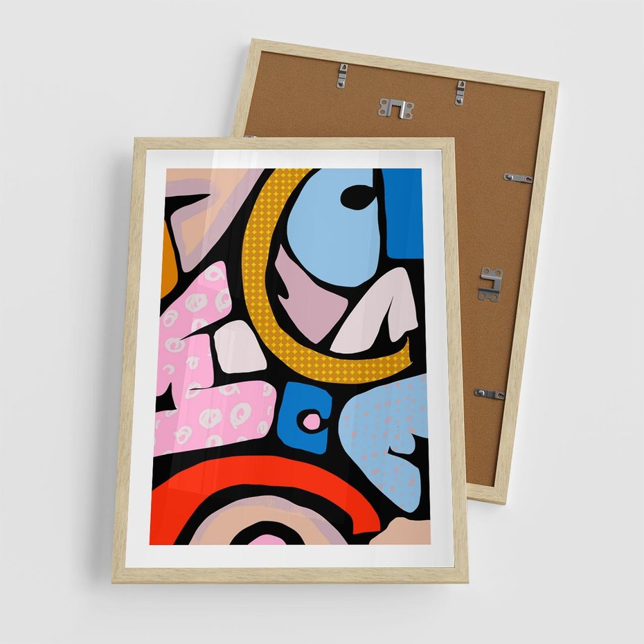 Plakat w ramie 50x70 - Kolory Komiksu - abstrakcyjne formy, komiksowy styl - rama drewno