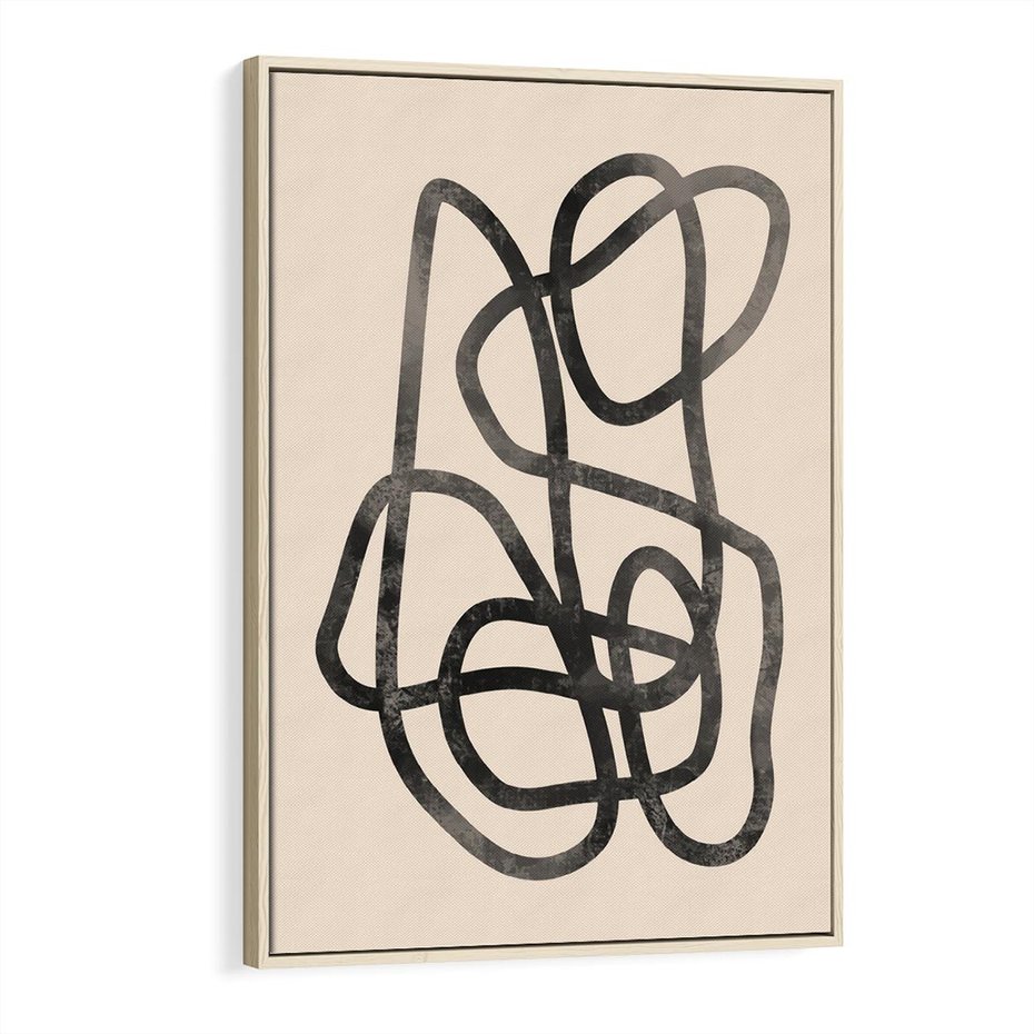 Obraz w ramie 70x100 - Przenikanie Wirtualnych Wymiarów - zaplątane minimalistyczne linie, na bezowym tle - rama drewno