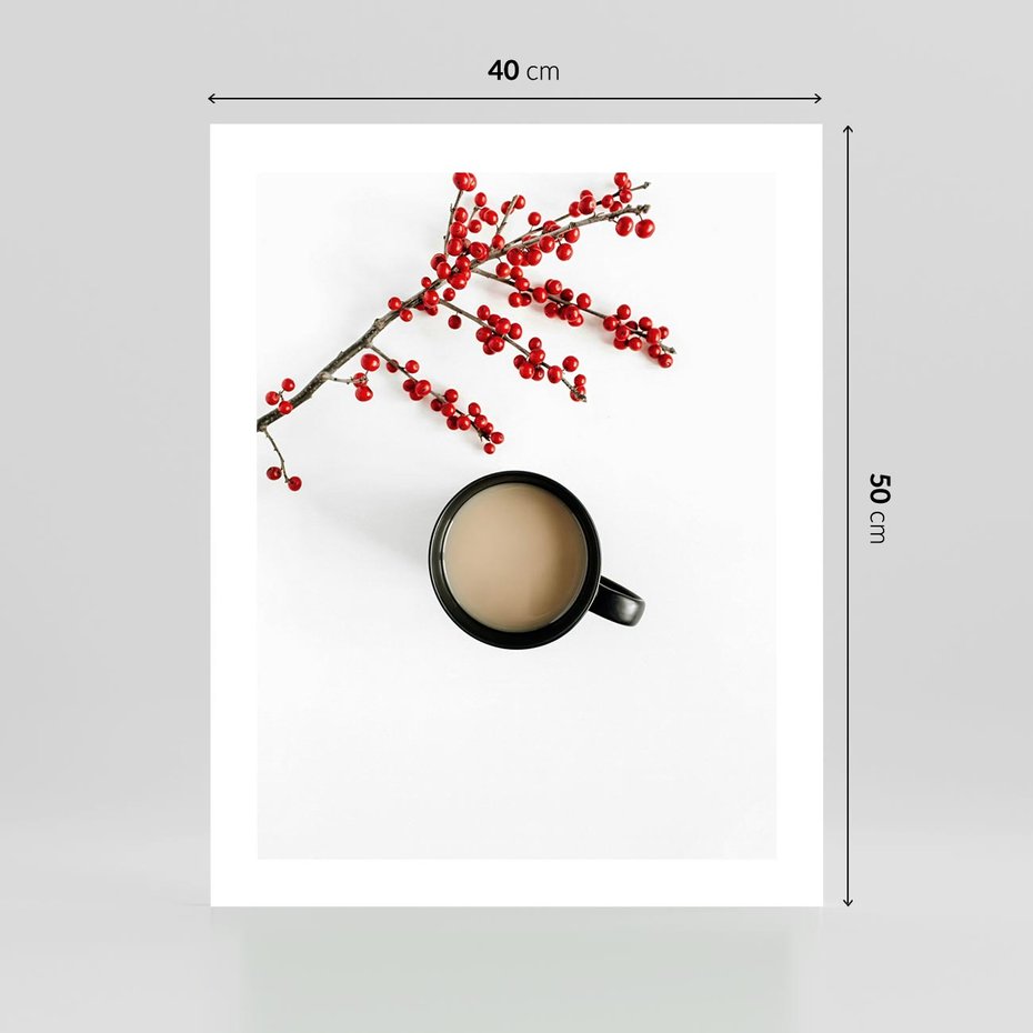 Plakat bez ramy 40x50 - Filiżanka Kawy z Gałązką Jarzębiny - kawa, gałązka jarzębiny