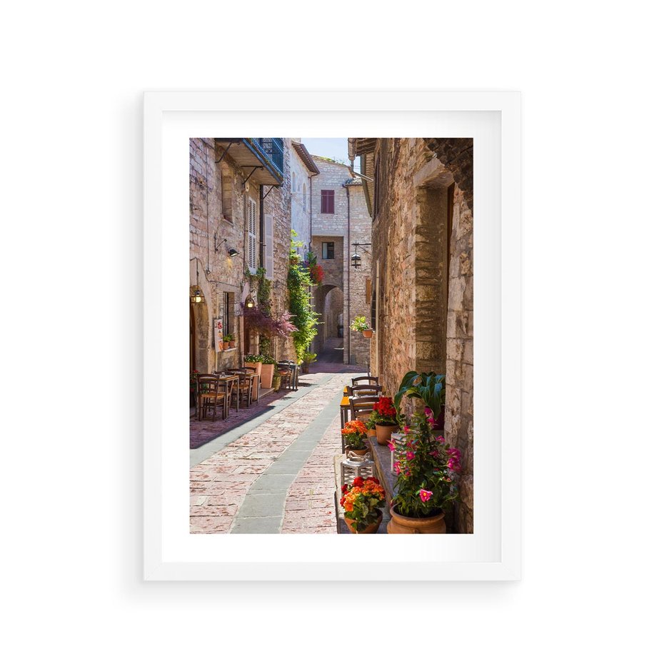 Plakat w ramie 30x40 - Malownicze Zakątki Miasta - uliczka, perspektywa - rama biała