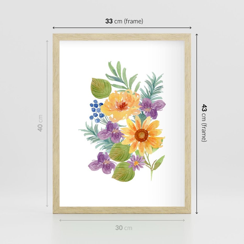 Plakat w ramie 30x40 - Kwiatowe Inspiracje - akwarelowe polne kwiaty, minimalistyczny plakat - rama drewno