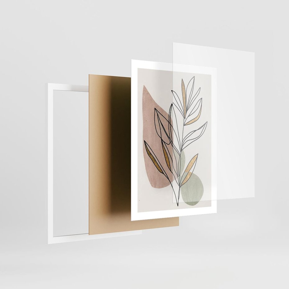 Plakat w ramie 50x70 - Impulsy Subtelnej Harmonii - abstrakcyjny obraz boho, liście - rama biała