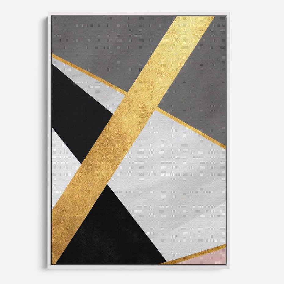 Obraz w ramie 70x100 - Pudrowe Abstrakcyjne Lustra - złote abstrakcyjne linie, szarość - rama biała