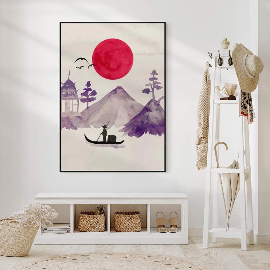 Obraz w ramie 70x100 - Odbicie Słońca - japońska sztuka, akwarela - rama czarna