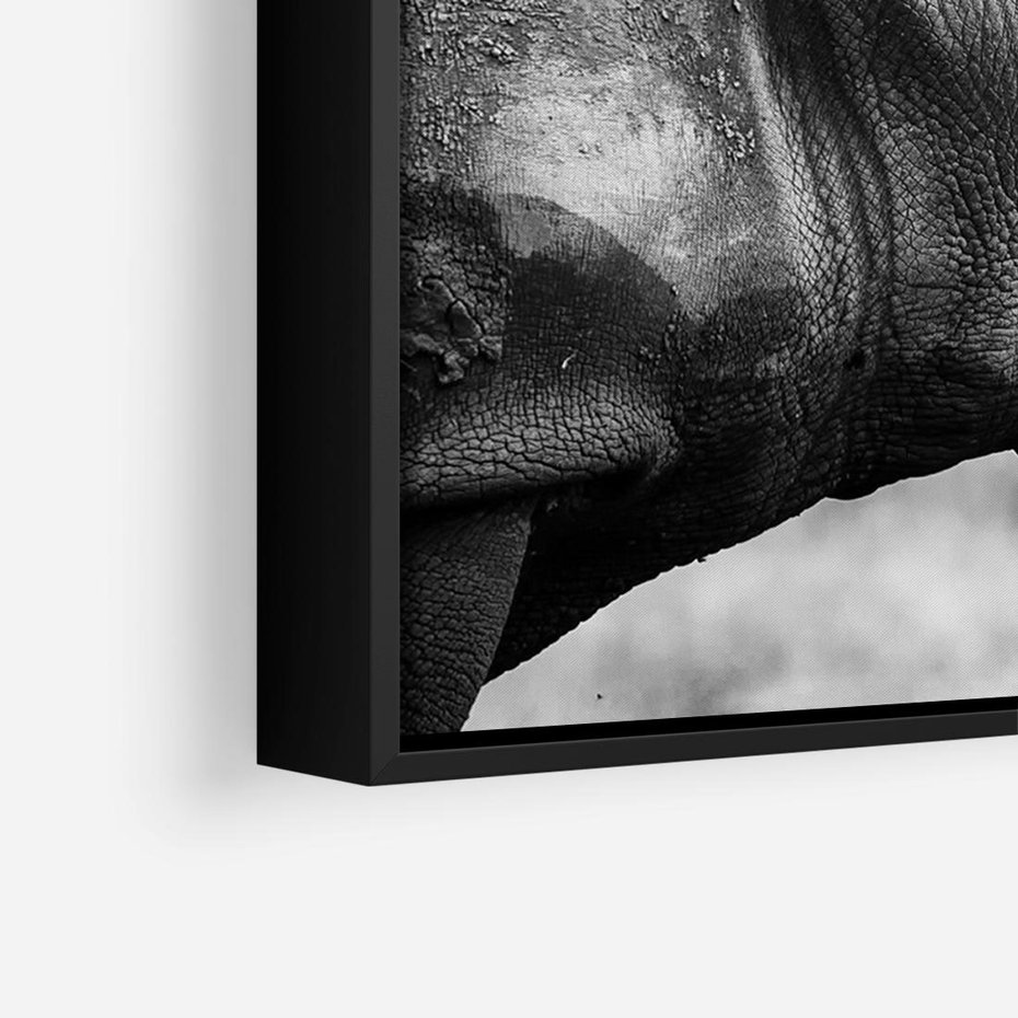 Obraz w ramie 70x50 - Potęga Afryki - czarno biała fotografia, zbliżenie na postać nosorożca - rama czarna