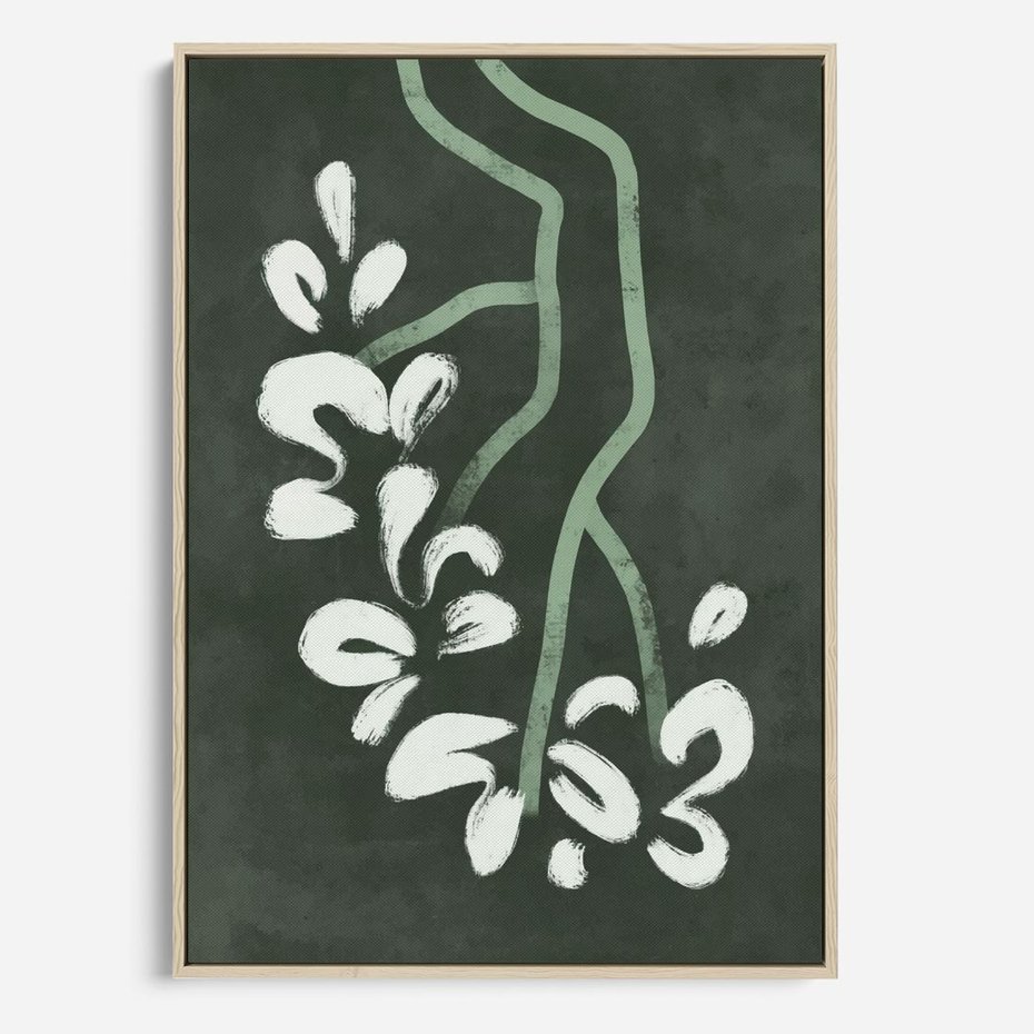 Obraz w ramie 80x120 - Rozkwitające Zielone Gałęzie - abstrakcyjne delikatne zielone linie, podobne do gałęzi kwiatów - rama drewno