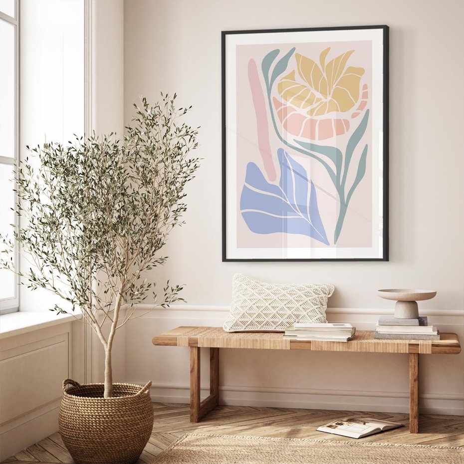 Plakat w ramie 40x50 - Wyjątkowe Ukojenie - pastelowe kwiaty, na beżowym tle - rama czarna