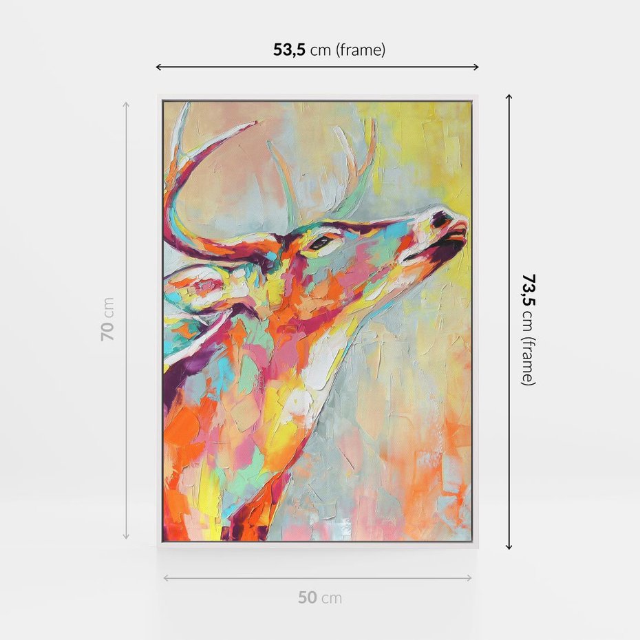 Obraz w ramie 50x70 - Impresje snów malarza - kolorowy olejny obraz, jeleń ryczący na rykowisku - rama biała