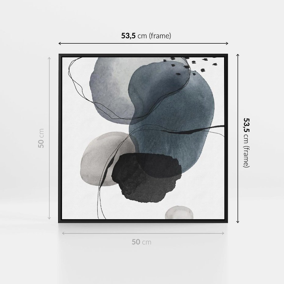 Obraz w ramie 50x50 - Wibracje Kształtów - abstrakcyjne plamy akwarelowe, czarny szkic - rama czarna