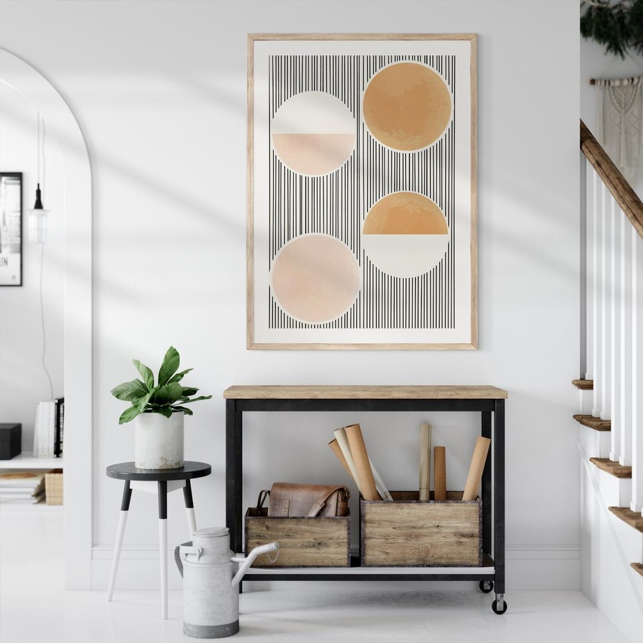 Plakat w ramie 30x40 - Przenikające Kształty - abstrkacyjna nowoczesna sztuka, koła okręgi - rama drewno