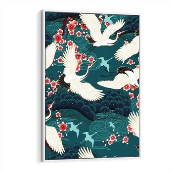 Obraz w ramie 80x120 - Żurawie Wachlarze - orientalne japońskie żurawie, grafika - rama biała