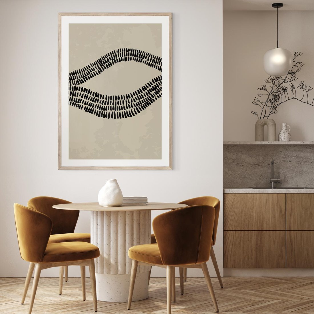 Plakat w ramie 50x70 - Kontury Ewolucji Materii - boho plakat, czarne kropki kreski - rama drewno